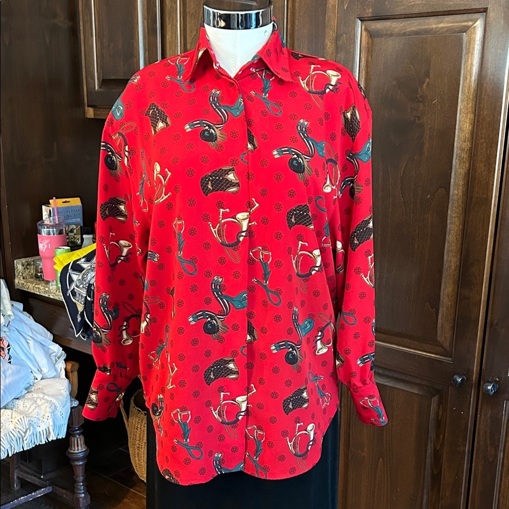 Vintage Chaus Sz 6 Equestrian Theme Button Down Shirt EUC